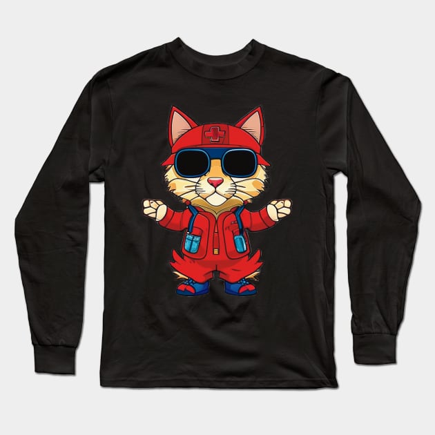 Cartoon Cat as EMT - Adorable and Heroic Design Long Sleeve T-Shirt by ImaginativeInkPOD